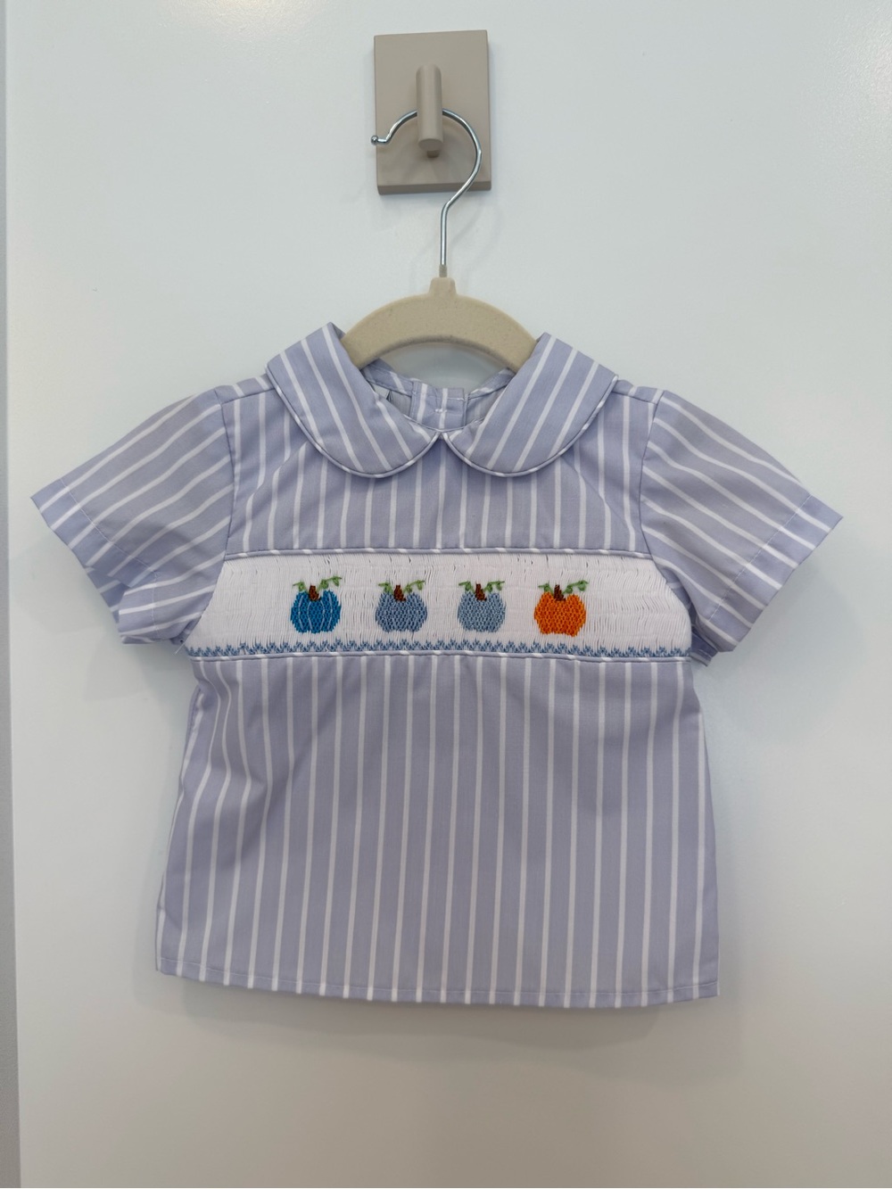 Striped Light Blue Smocked Pumpkin Short-Sleeve Set